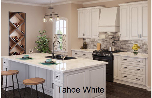 Tahoe White Kitchen with Island and Wood Hood